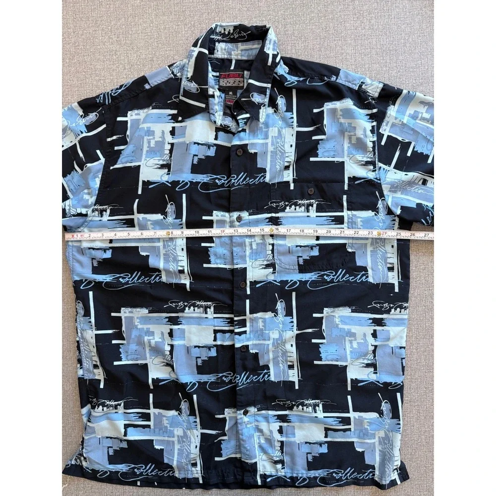 FUBU Collection Mens XL Short Sleeve Button Down Shirt Black Blue Abstract Print